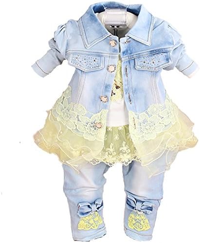 Yao Baby Girls 3-Piece Denim Set with T-Shirt Jacket and Jeans