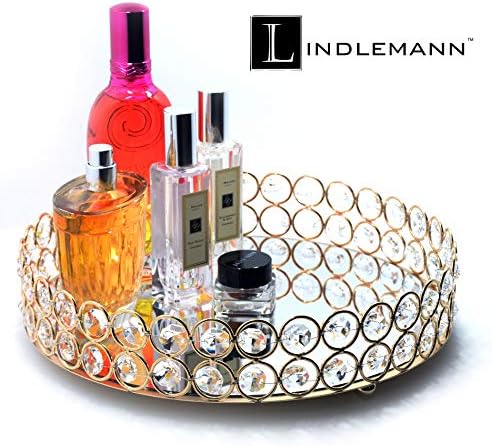 LINDLEMANN Crystal Perfume Organizer Tray 10in Gold Round