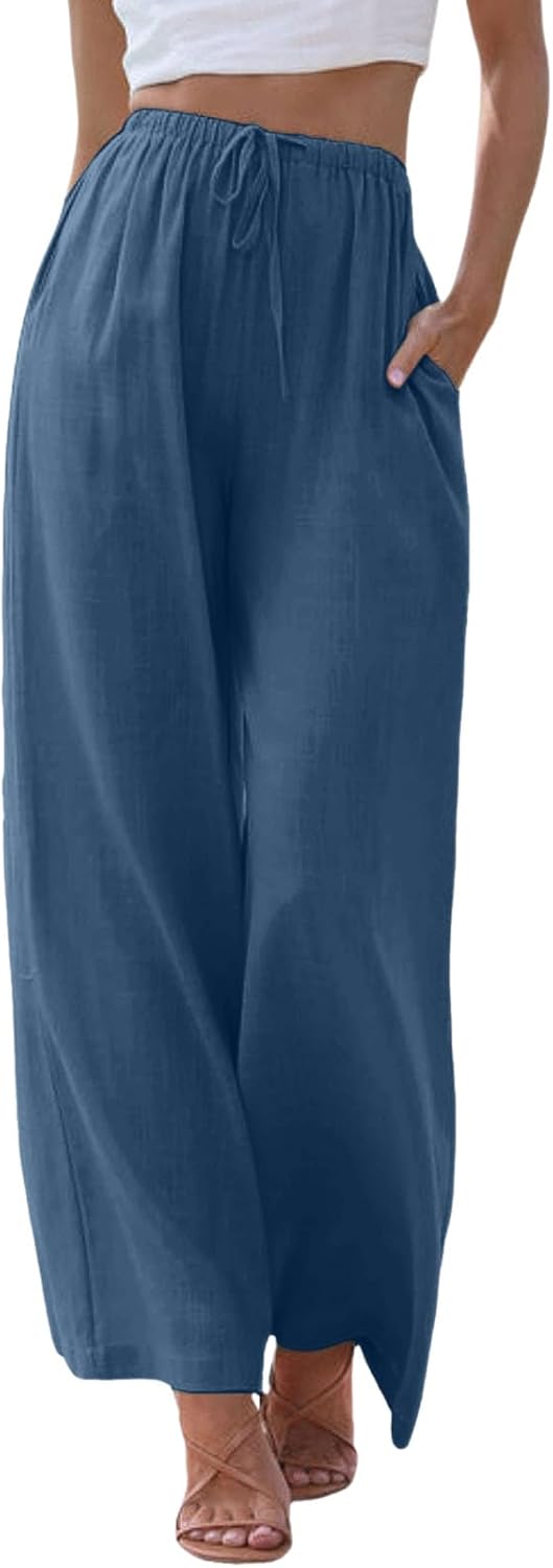 Summer Linen Wide Leg Flowy Drawstring Palazzo Pants for Women