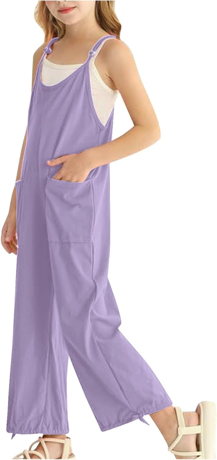 Girls Casual Jumpsuit with Spaghetti Straps and Pockets