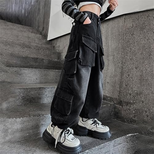 Girls Denim Cargo Pants Baggy Distressed Wide Leg Jeans with Elastic High Waist