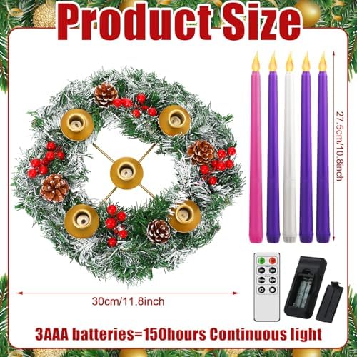 Tioncy 12 Inch Christmas Advent Wreath with 5 Flameless Candles 1