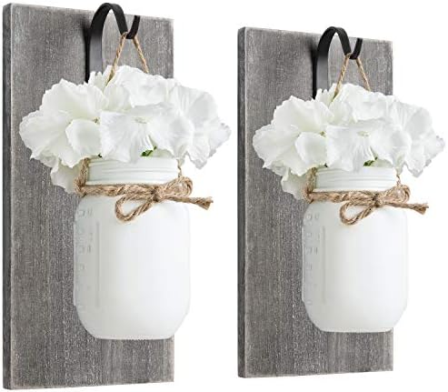 Mkono Rustic Wall Sconces Set of 2 with Mason Jars and Fairy Lights