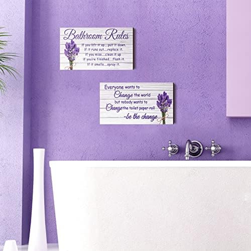 Jetec 2 Pieces Lavender Farmhouse Wooden Bathroom Signs