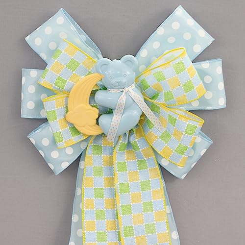 Blue Bear Rattle Dot Plaid Baby Shower Wreath Bow 1