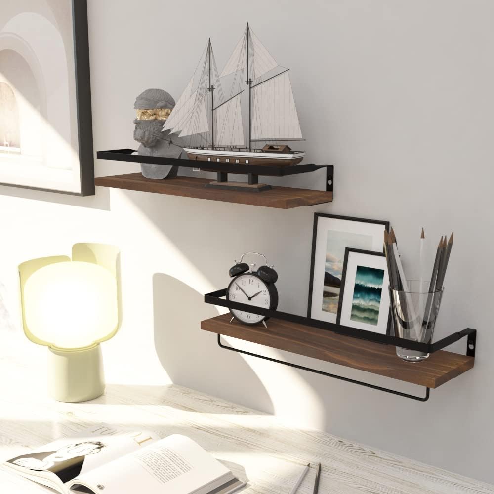 Floating Shelves with Towel Bar Set of 2 Brown 1