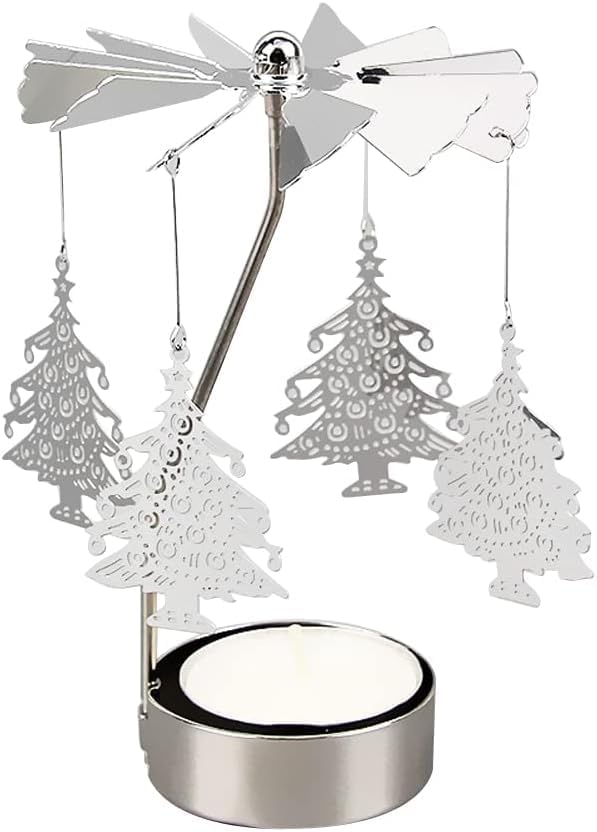 Rotary Candle Holder with Tray Silver Spinning Xmas Tree