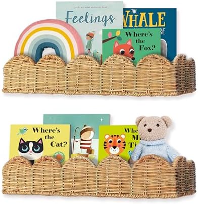 VIVIKA Floating Rattan Bookshelves Set of 2 for Kids Rooms