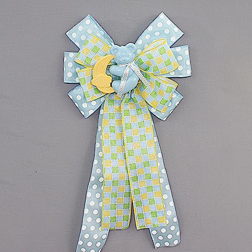 Blue Bear Rattle Dot Plaid Baby Shower Wreath Bow 1
