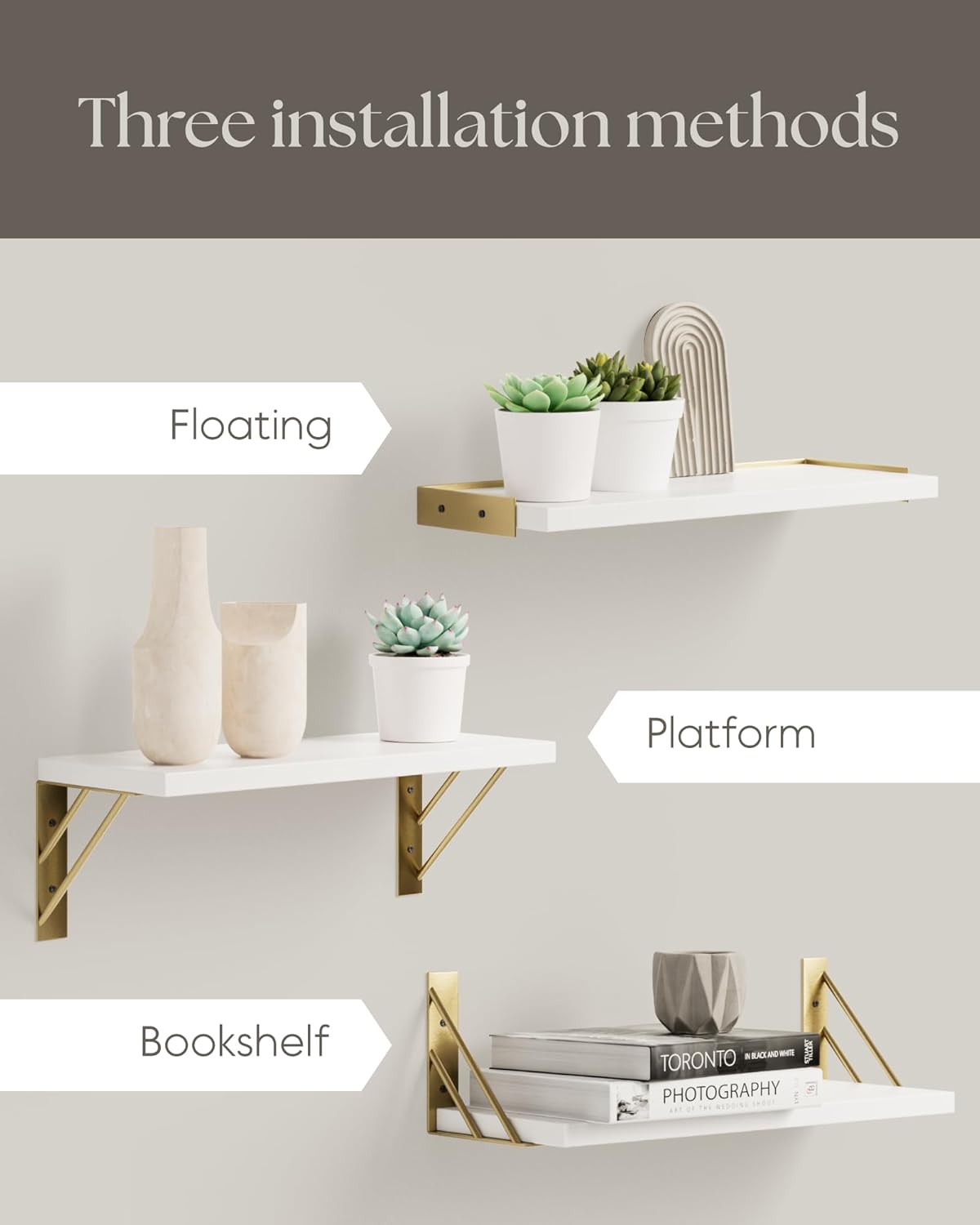 BAYKA Floating Wall Shelves Set of 3 White and Gold