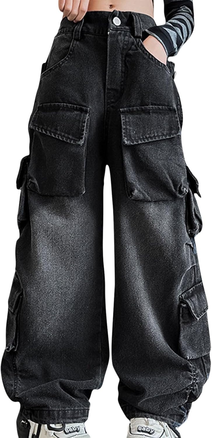 Girls Denim Cargo Pants Baggy Distressed Wide Leg Jeans with Elastic High Waist