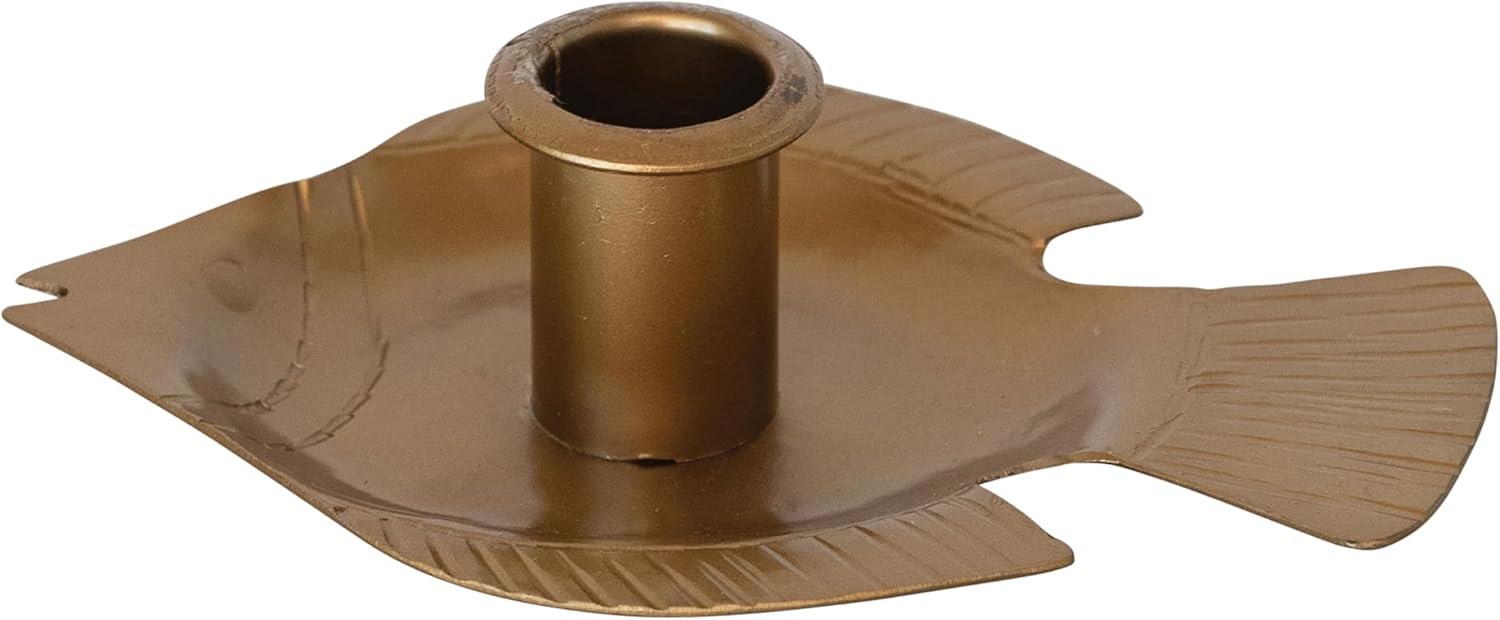 Creative Co-Op Taper Holder with Fish Tray in Antique Gold