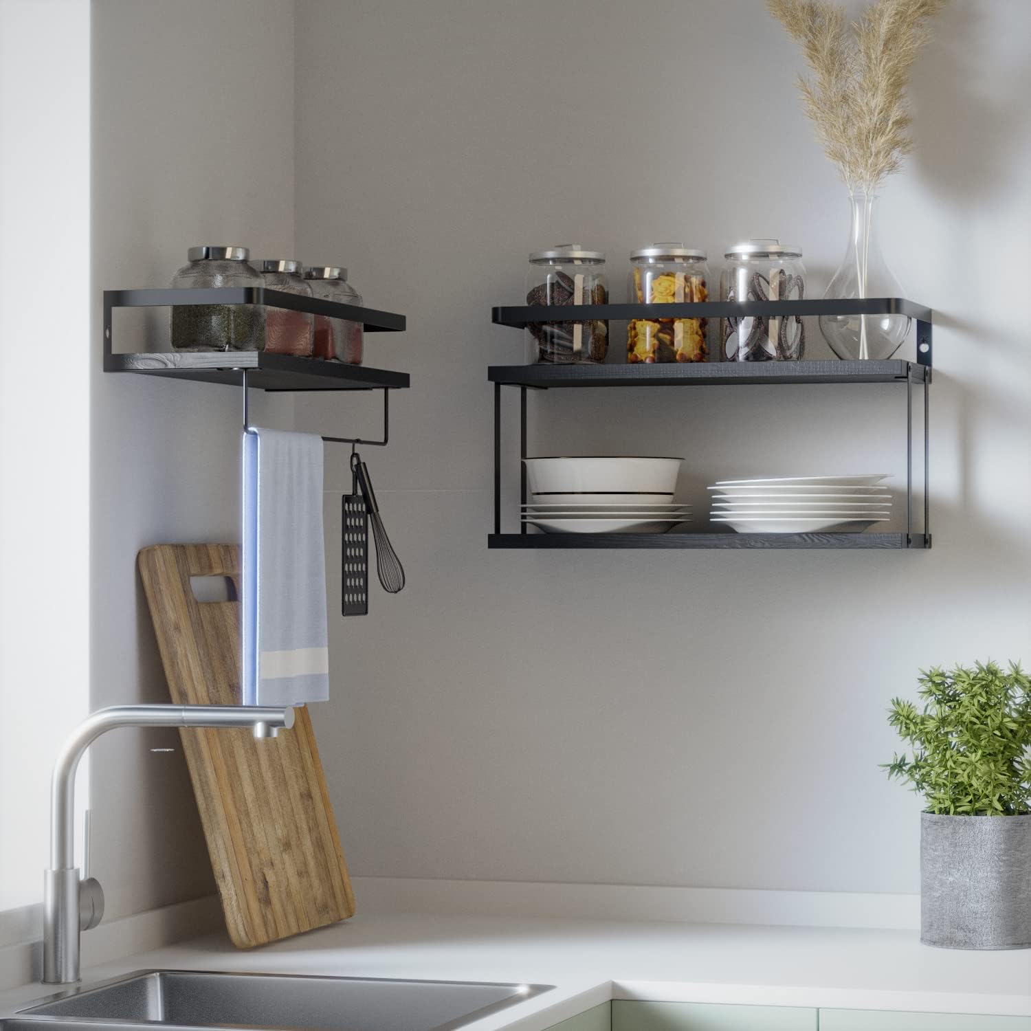 RICHER HOUSE 21 Tier Floating Wall Shelves Set of 2 - Black