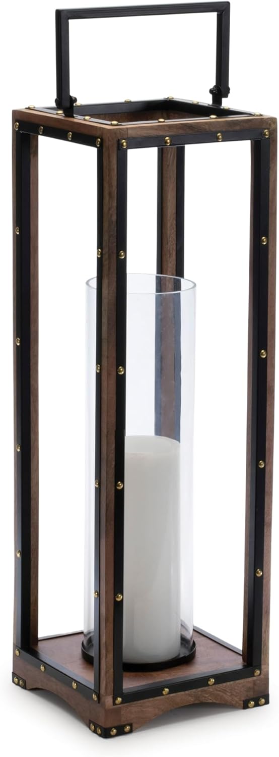 Melrose Wooden Base Iron Framed Candle Holder - 2525 Black Brown