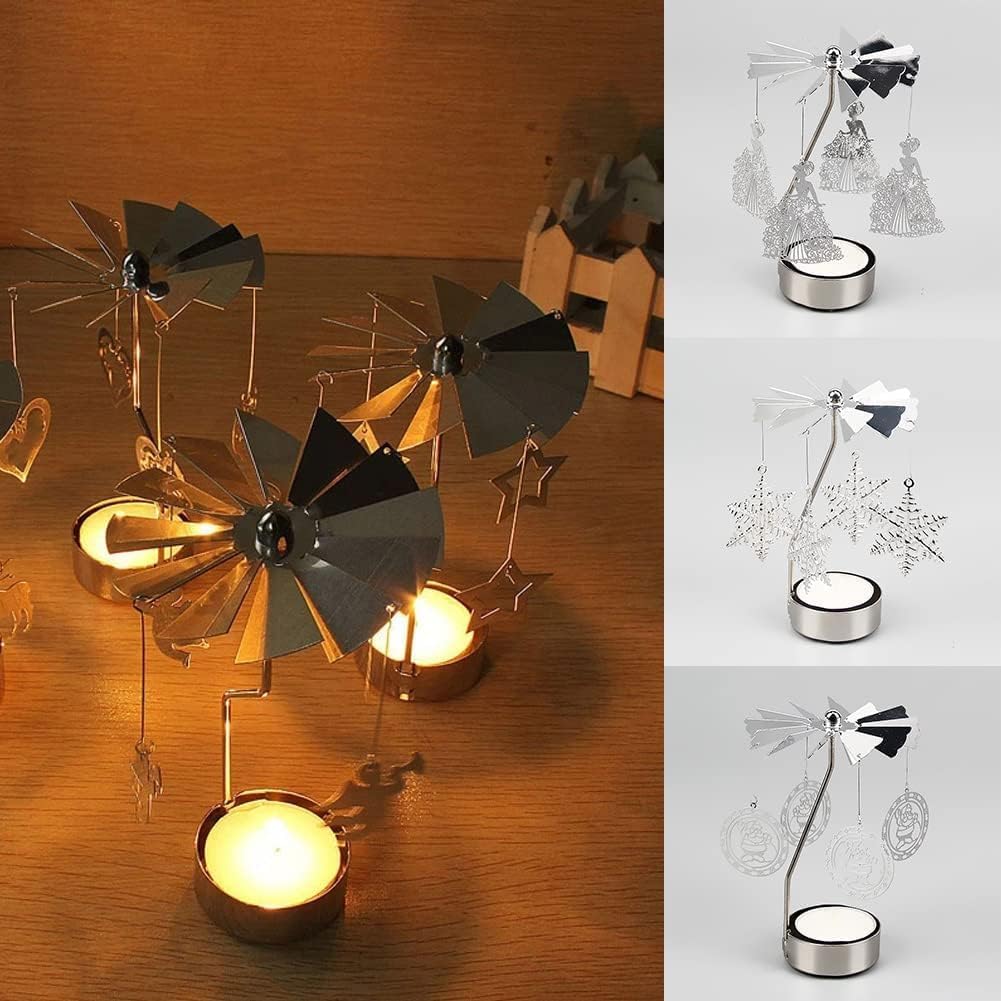 Rotary Candle Holder with Tray Silver Spinning Xmas Tree