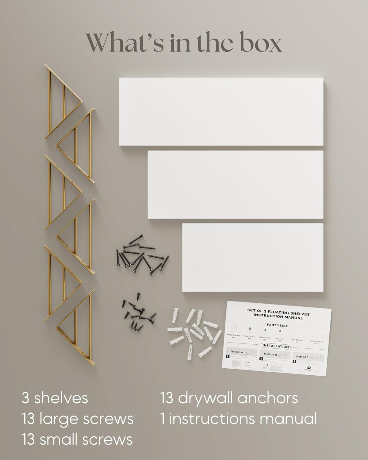 BAYKA Floating Wall Shelves Set of 3 White and Gold