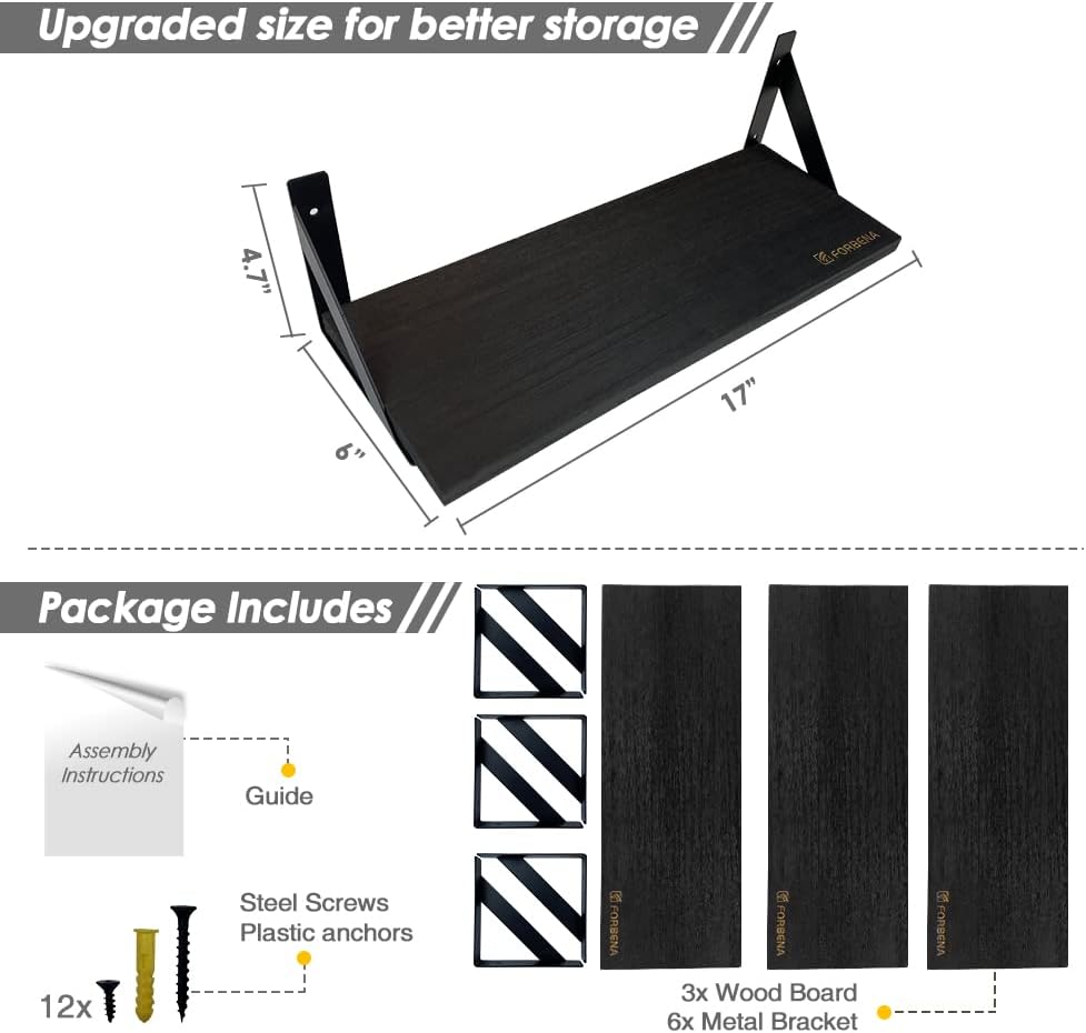 Forbena Set of 3 Black Floating Wood Shelves
