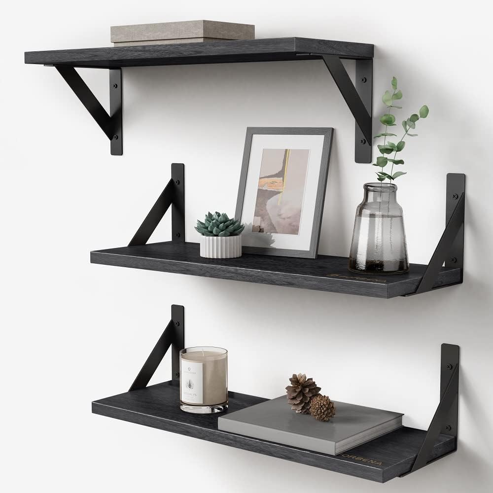 Forbena Set of 3 Black Floating Wood Shelves