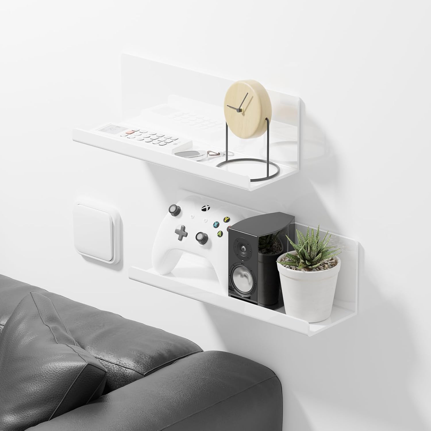 PAVSTINE Acrylic Floating Shelves Set of 2 White 12 Inch Adhesive No Drill