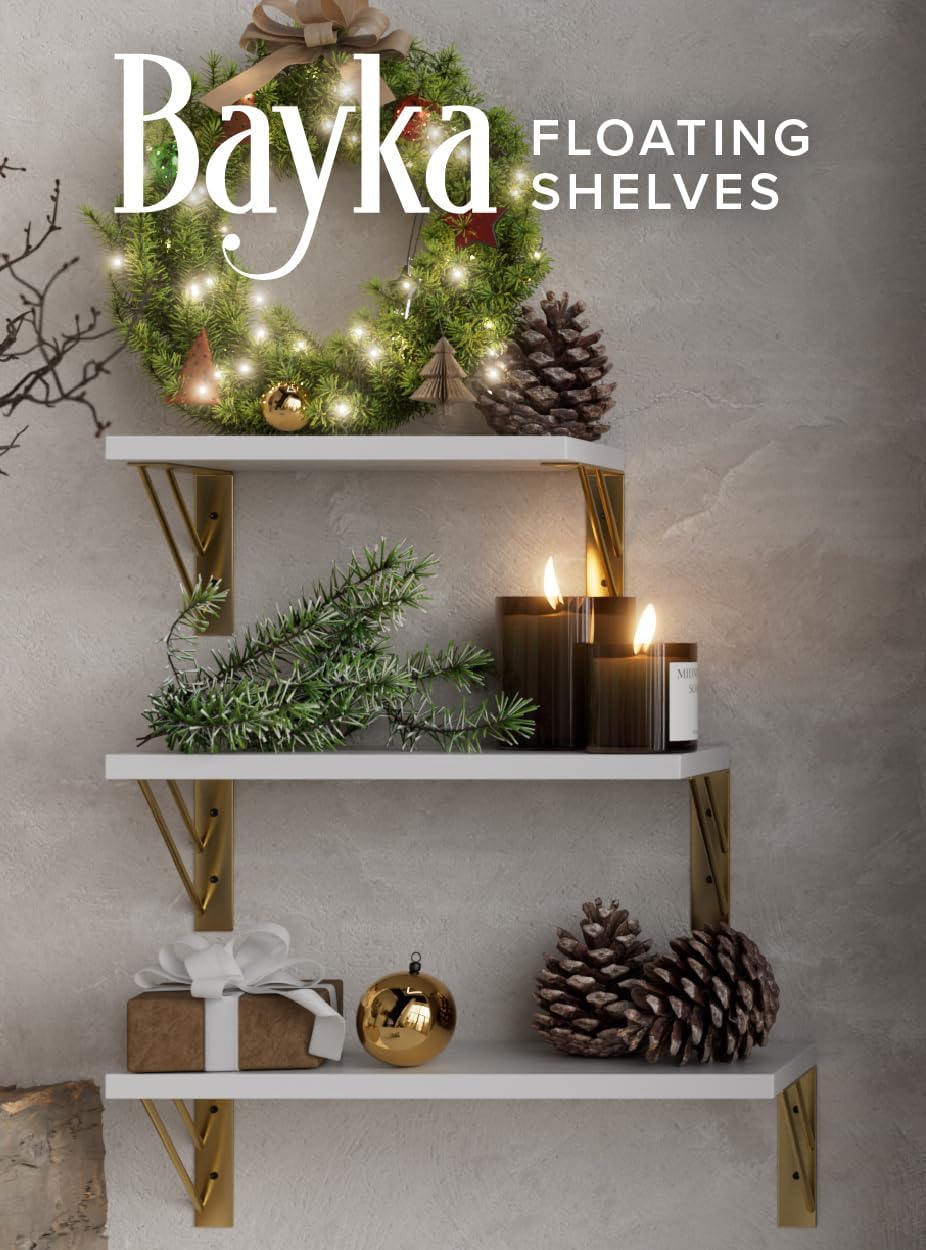 BAYKA Floating Wall Shelves Set of 3 White and Gold