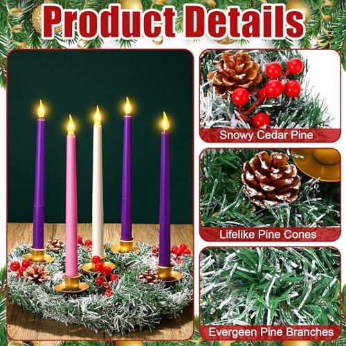 Tioncy 12 Inch Christmas Advent Wreath with 5 Flameless Candles 1
