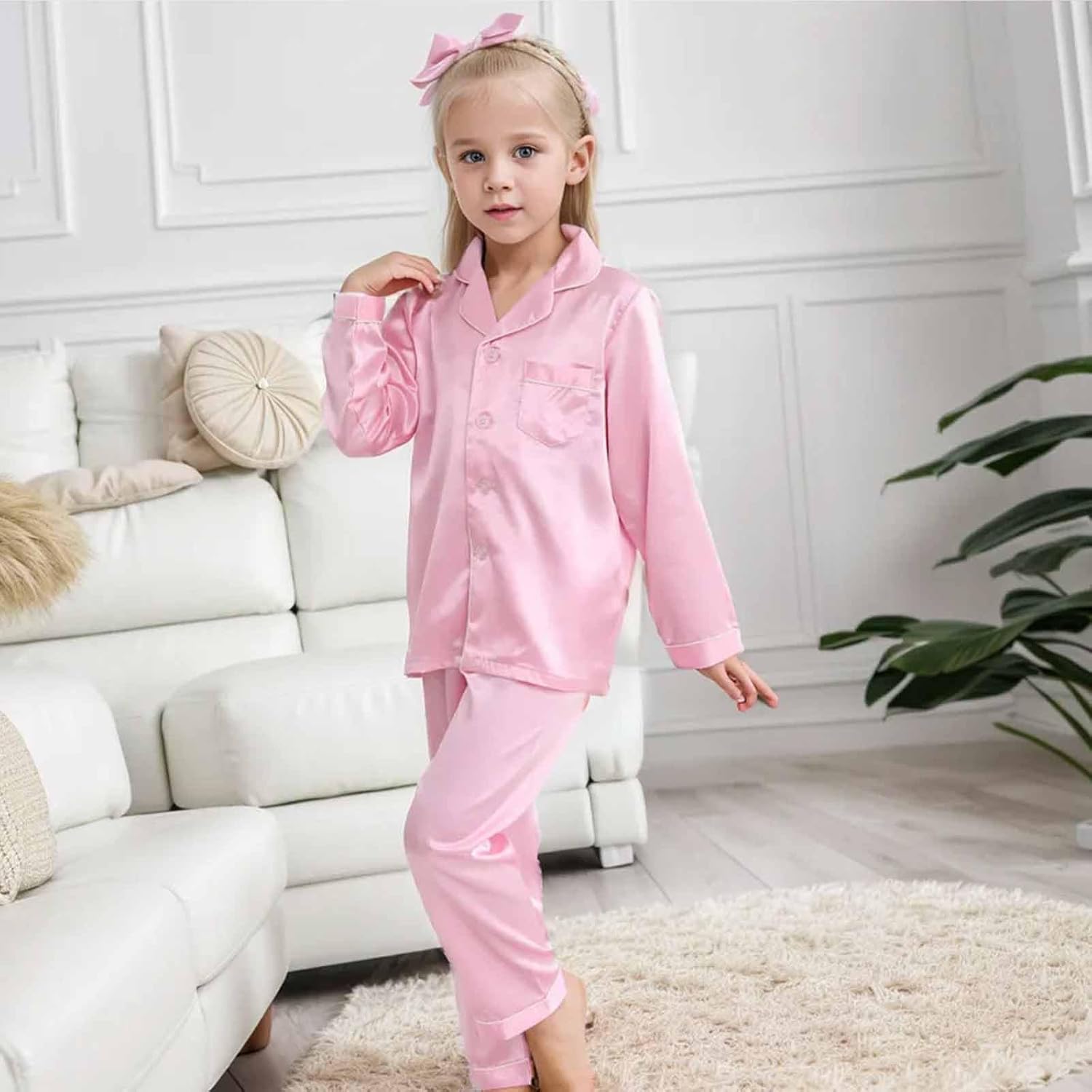 Kids Satin Pajama Set - Button Down Sleep Shirt and Long Pants