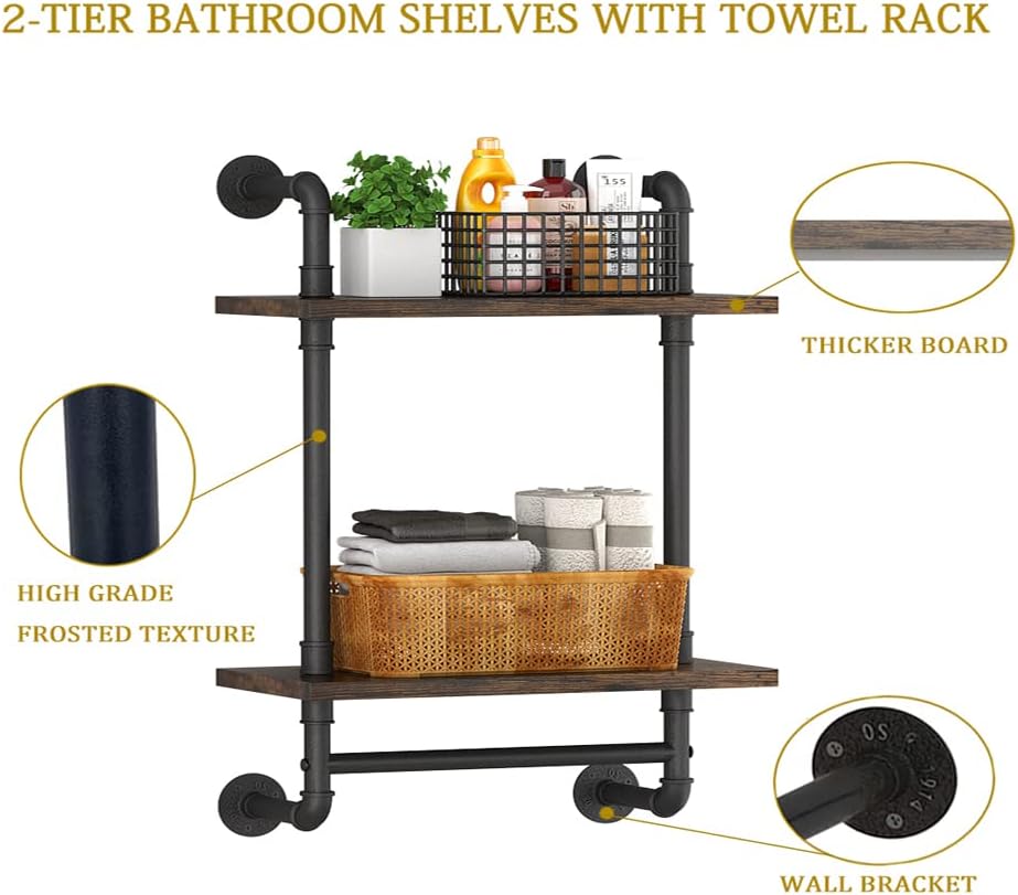 Helsin 2 Tier Industrial Pipe Floating Shelf with Towel Bar 1