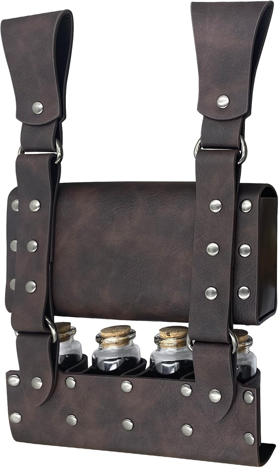 HiiFeuer Medieval Alchemy Belt Bag with 4 Cork Vials - Brown