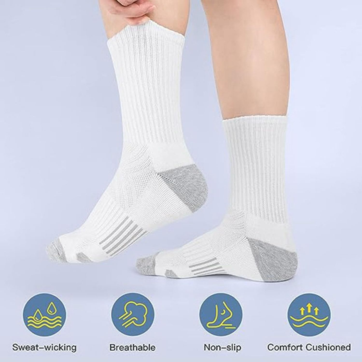 Mens Cushioned Crew Socks 5 Pairs White Low-Cut
