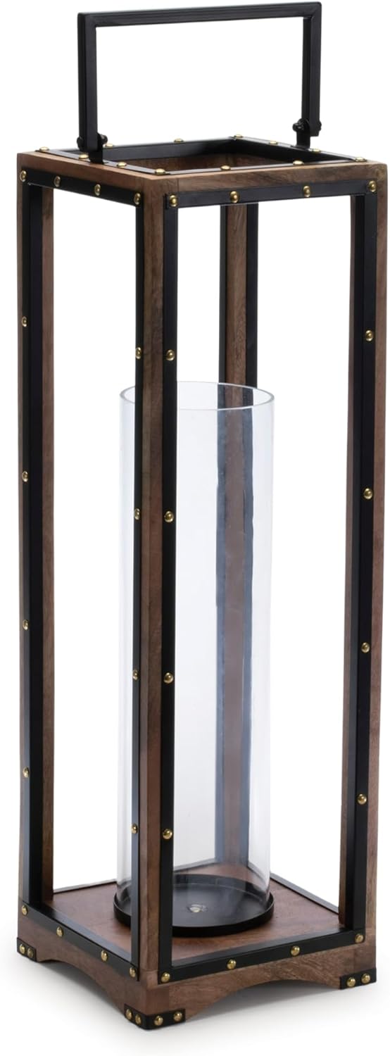 Melrose Wooden Base Iron Framed Candle Holder - 2525 Black Brown