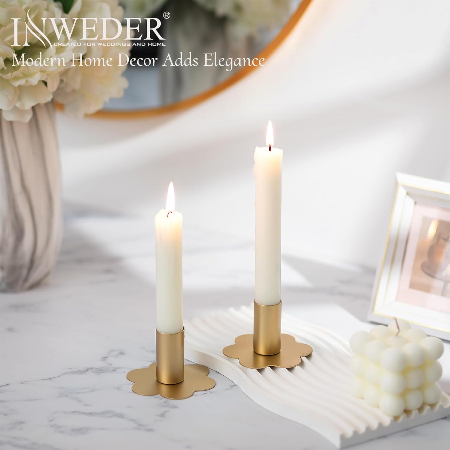Inweder 6Pcs Gold Flower Candlestick Holders