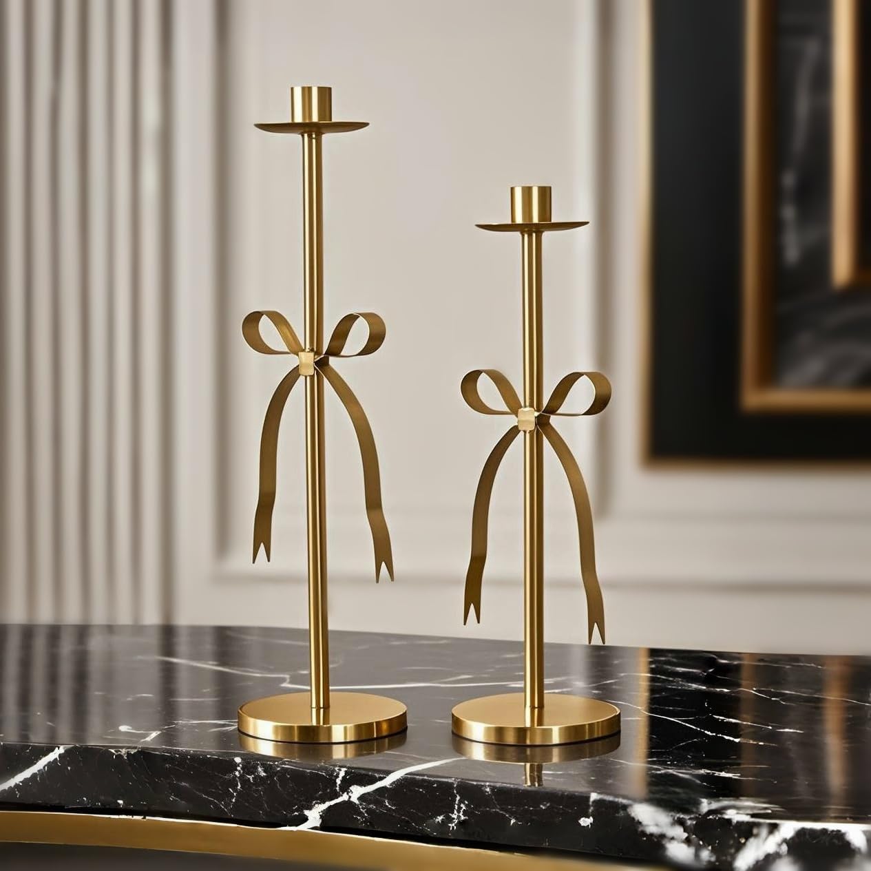 Remenna Bow Taper Candle Holders Set of 2 Gold