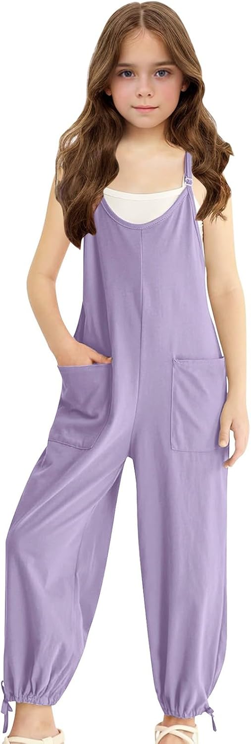 Girls Casual Jumpsuit with Spaghetti Straps and Pockets