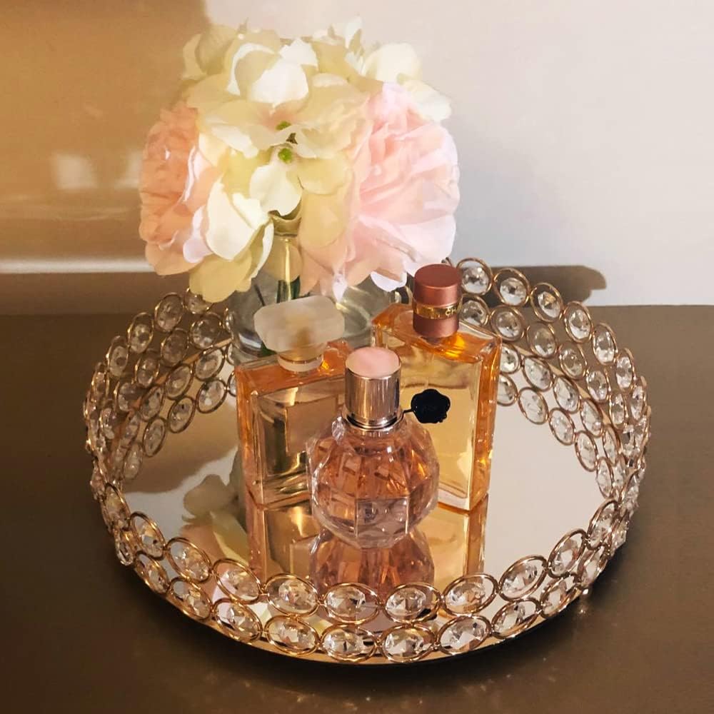 LINDLEMANN Crystal Perfume Organizer Tray 10in Gold Round