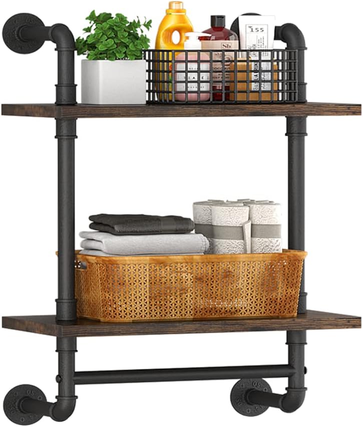 Helsin 2 Tier Industrial Pipe Floating Shelf with Towel Bar 1