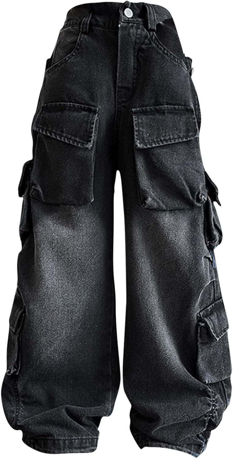 Girls Denim Cargo Pants Baggy Distressed Wide Leg Jeans with Elastic High Waist