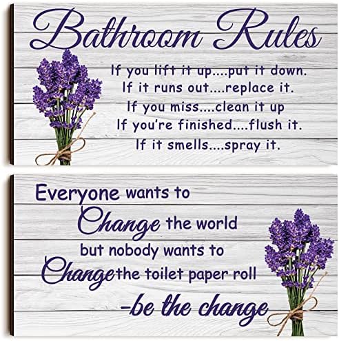 Jetec 2 Pieces Lavender Farmhouse Wooden Bathroom Signs