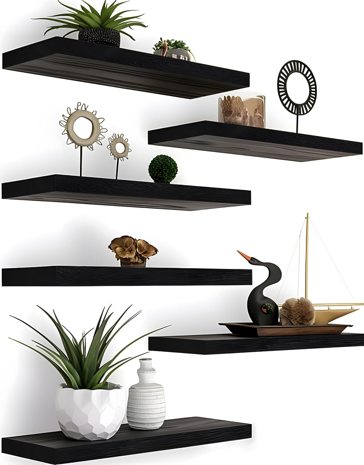 Wood Floating Shelves Set of 6 Black