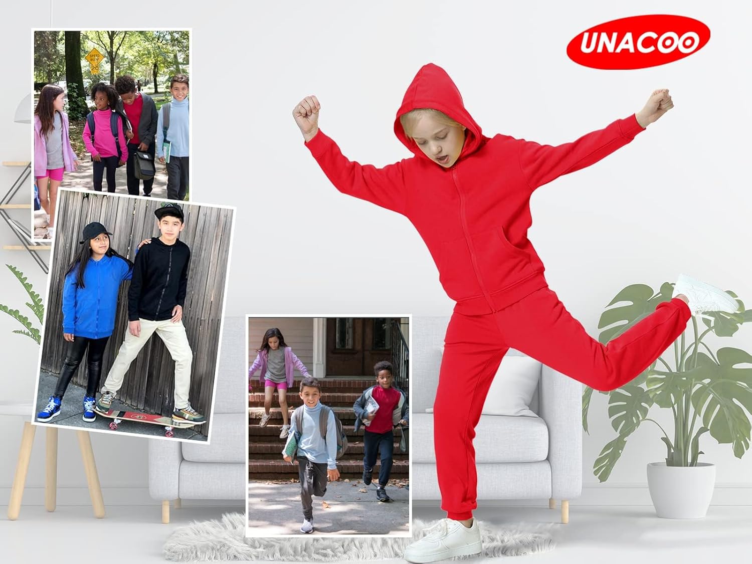 UNACOO Zip Up Hoodie Kids 3-12 Years Soft Fleece Sweatshirt