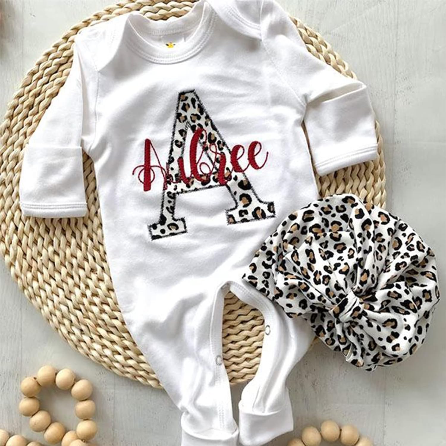 Adorable Personalized Leopard Romper and Turban Set for Baby Girls