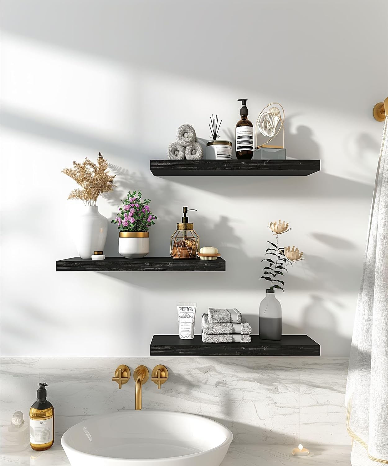Wood Floating Shelves Set of 6 Black