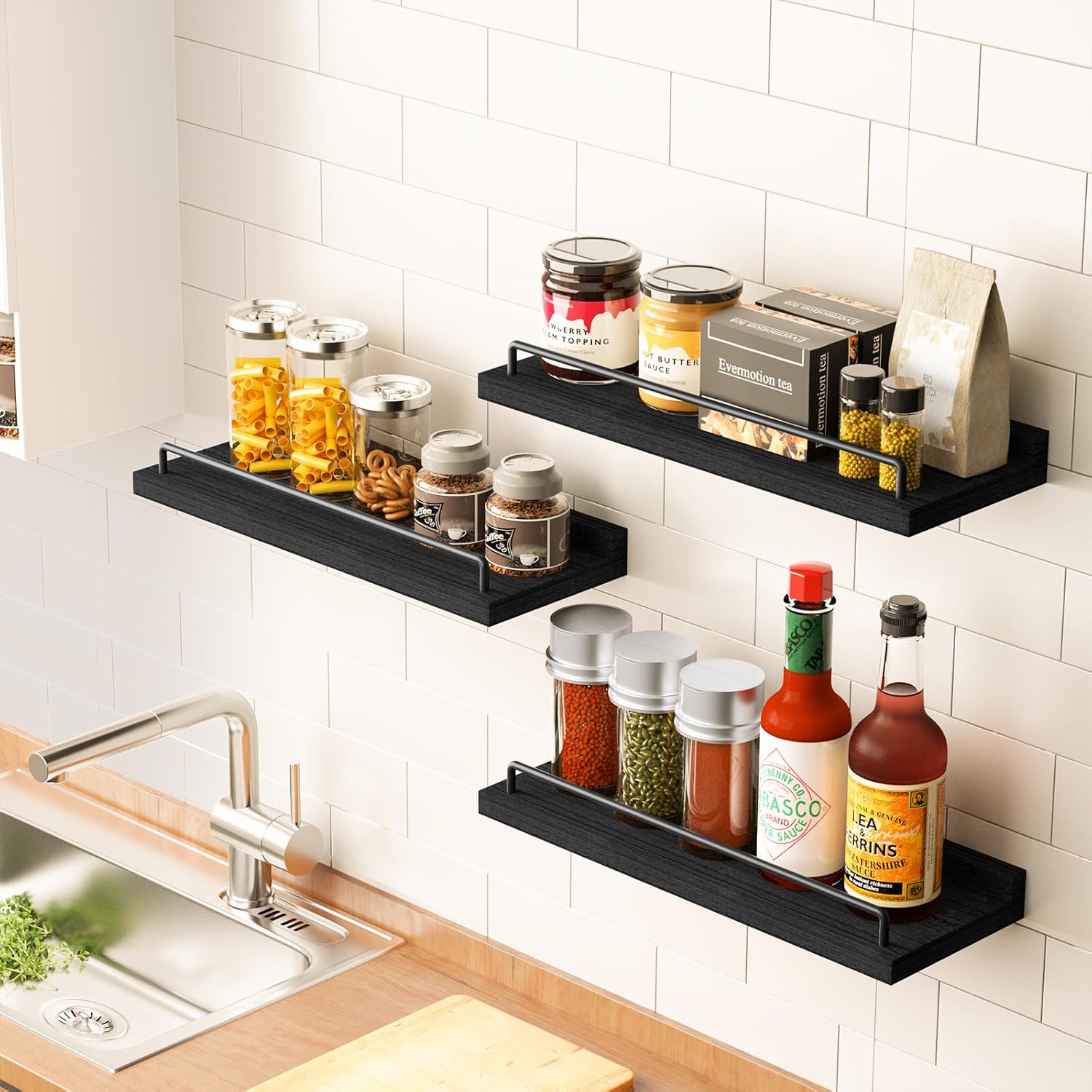 Floating Shelves for Wall Decor Black Set of 3