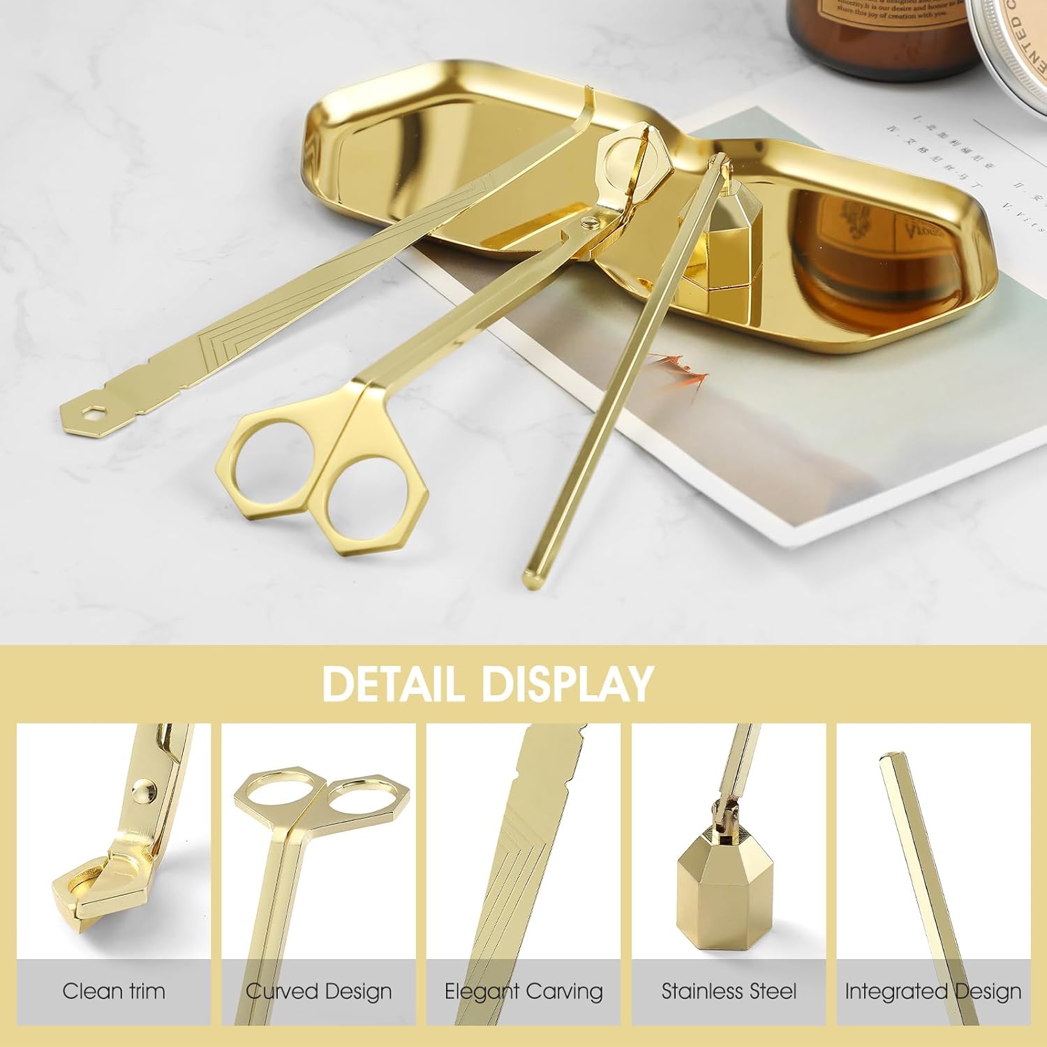 PATOISE 4 in 1 Candle Accessory Set Stainless Steel Gold