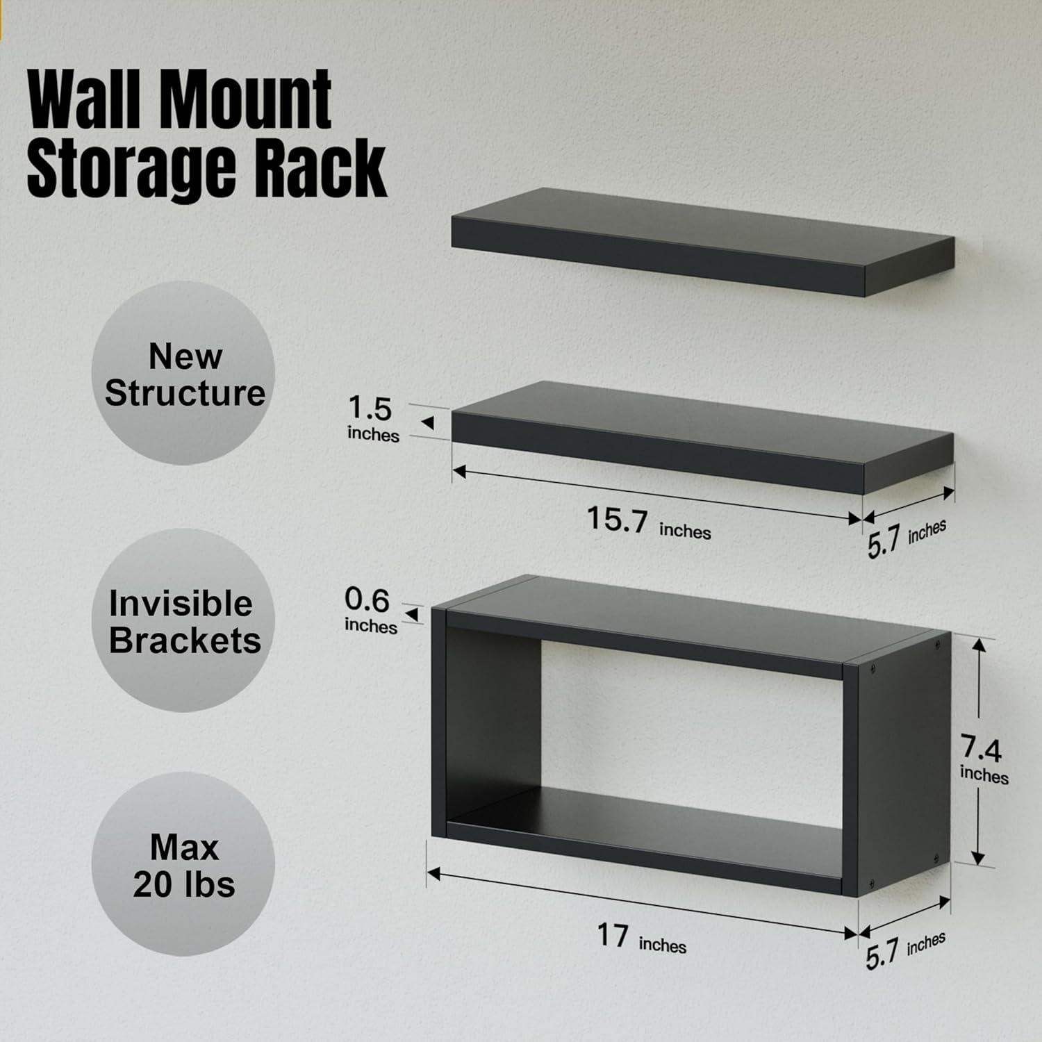 RICHER HOUSE 3 Piece Black Floating Shelves Set