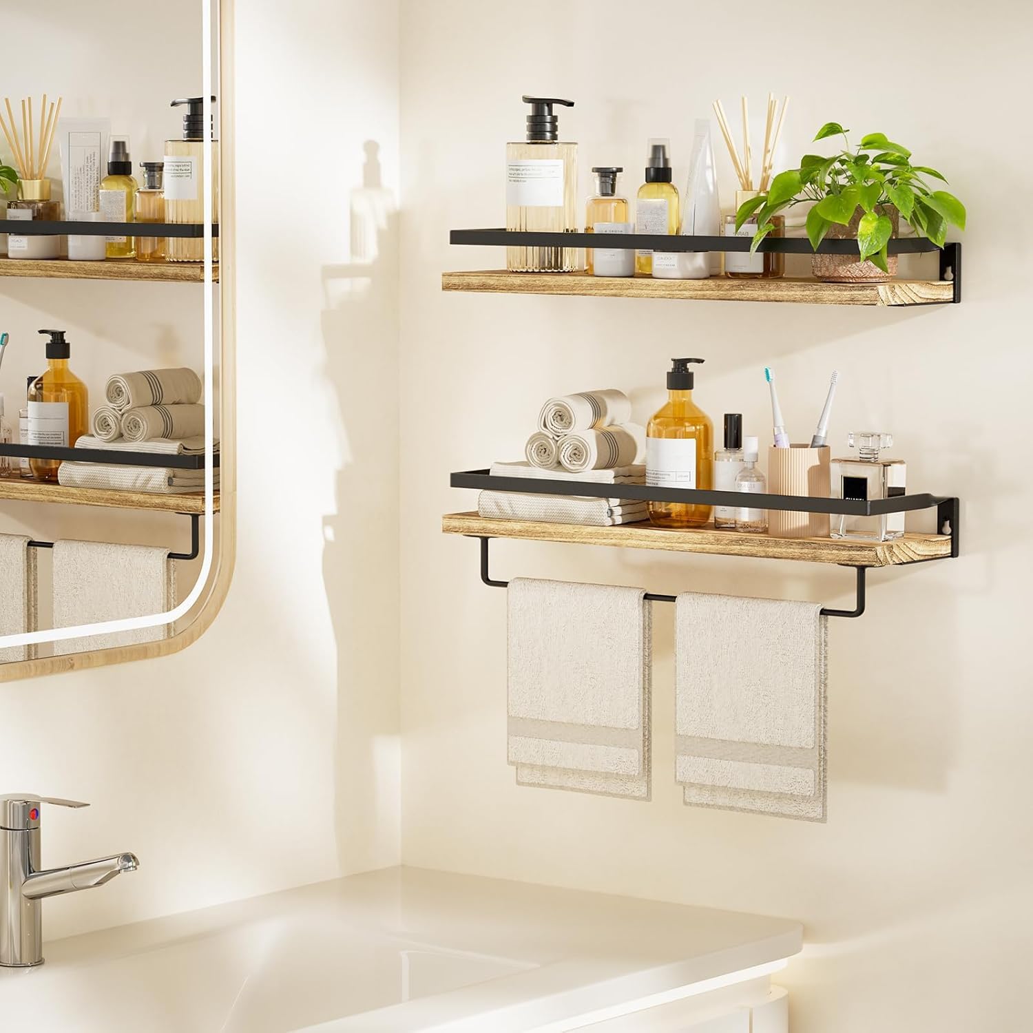 AMADA Bathroom Shelves Set of 2 with Towel Bar