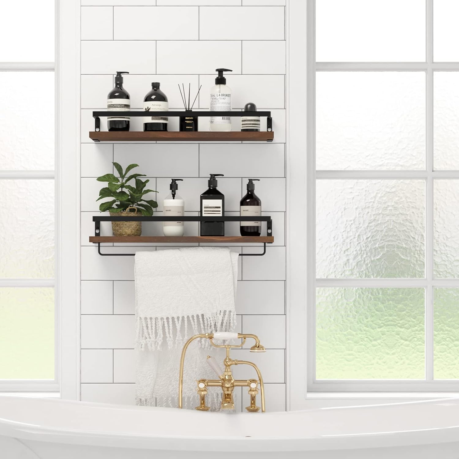 Floating Shelves with Towel Bar Set of 2 Brown 1