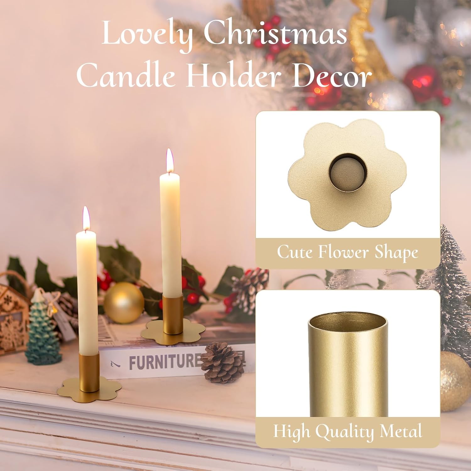 Inweder 6Pcs Gold Flower Candlestick Holders
