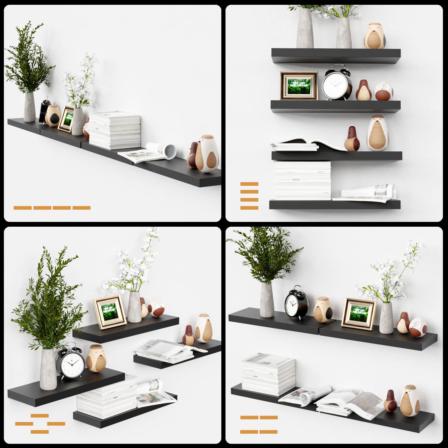 Boswillon 4-Pack Black Floating Shelves for Wall