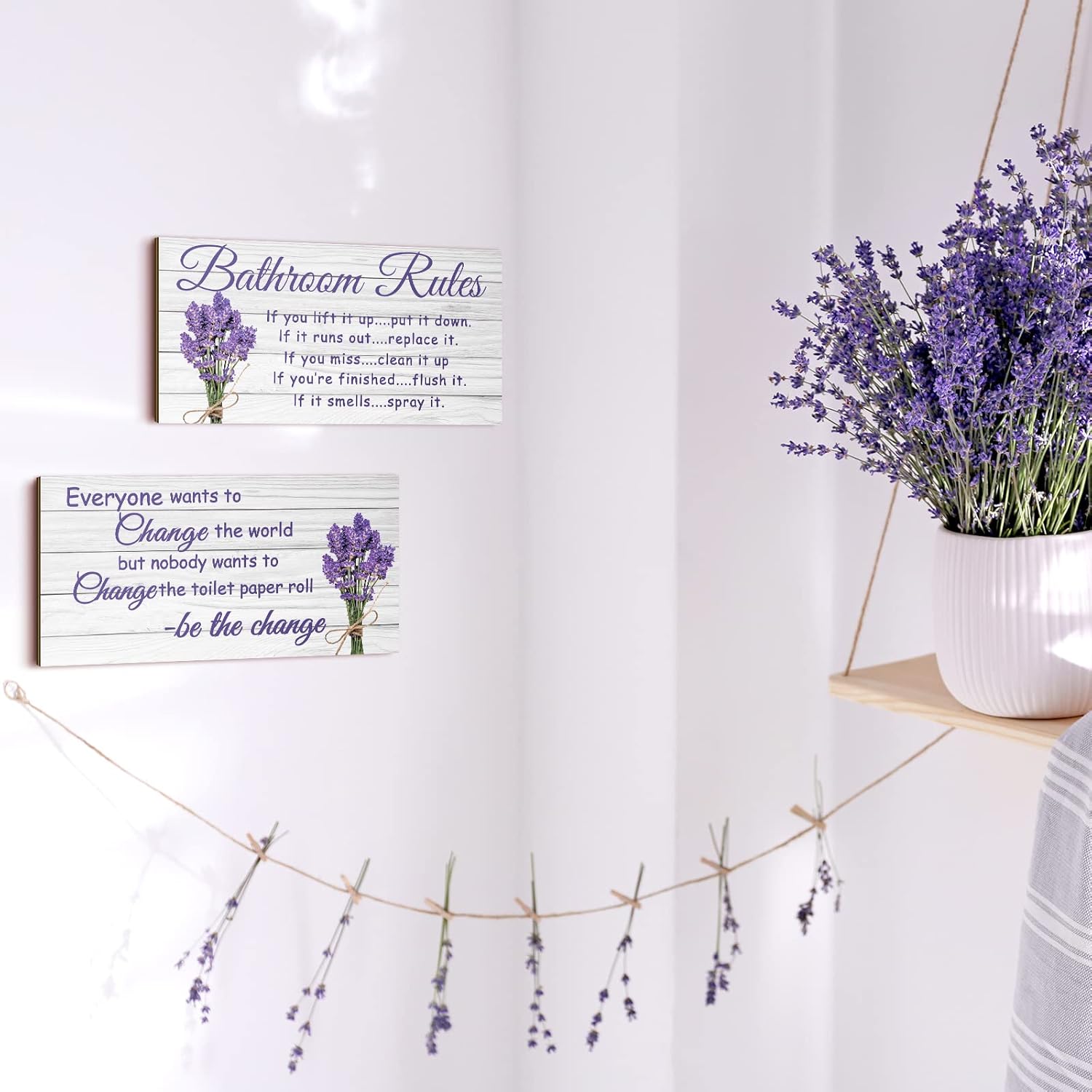 Jetec 2 Pieces Lavender Farmhouse Wooden Bathroom Signs