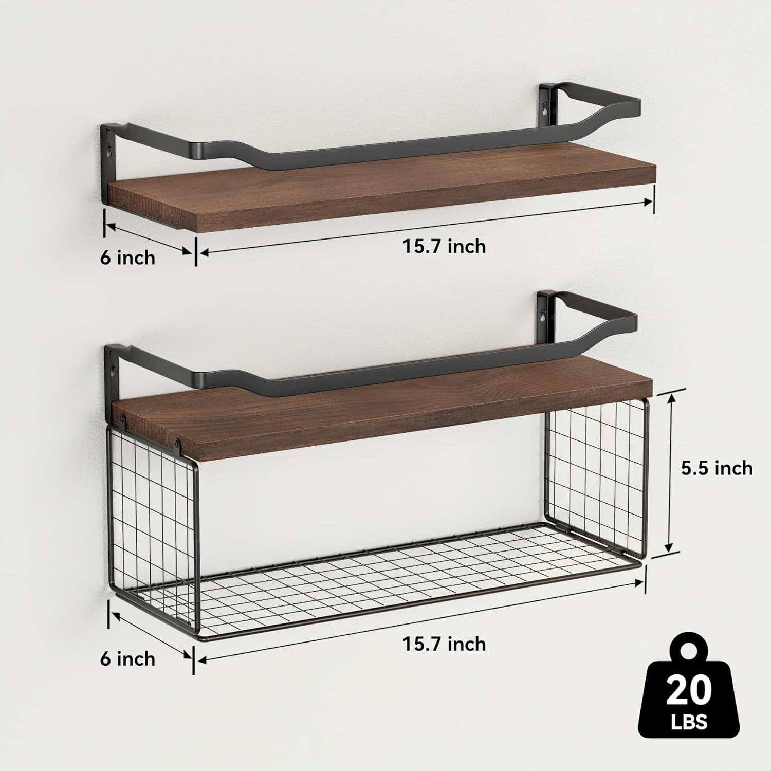 WOPITUES Floating Shelves with Wire Basket and Guardrail - Dark Brown